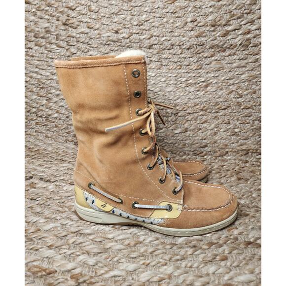 Sperry Top Sider Women's Brown Leather Lace Up Fold Down Fur Boots Size 7 M - Picture 4 of 12